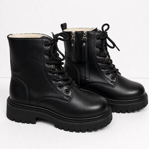 Women's Faux Fur Lined Combat Boots Black Chunky Lug Sole EU 40 US 9-10